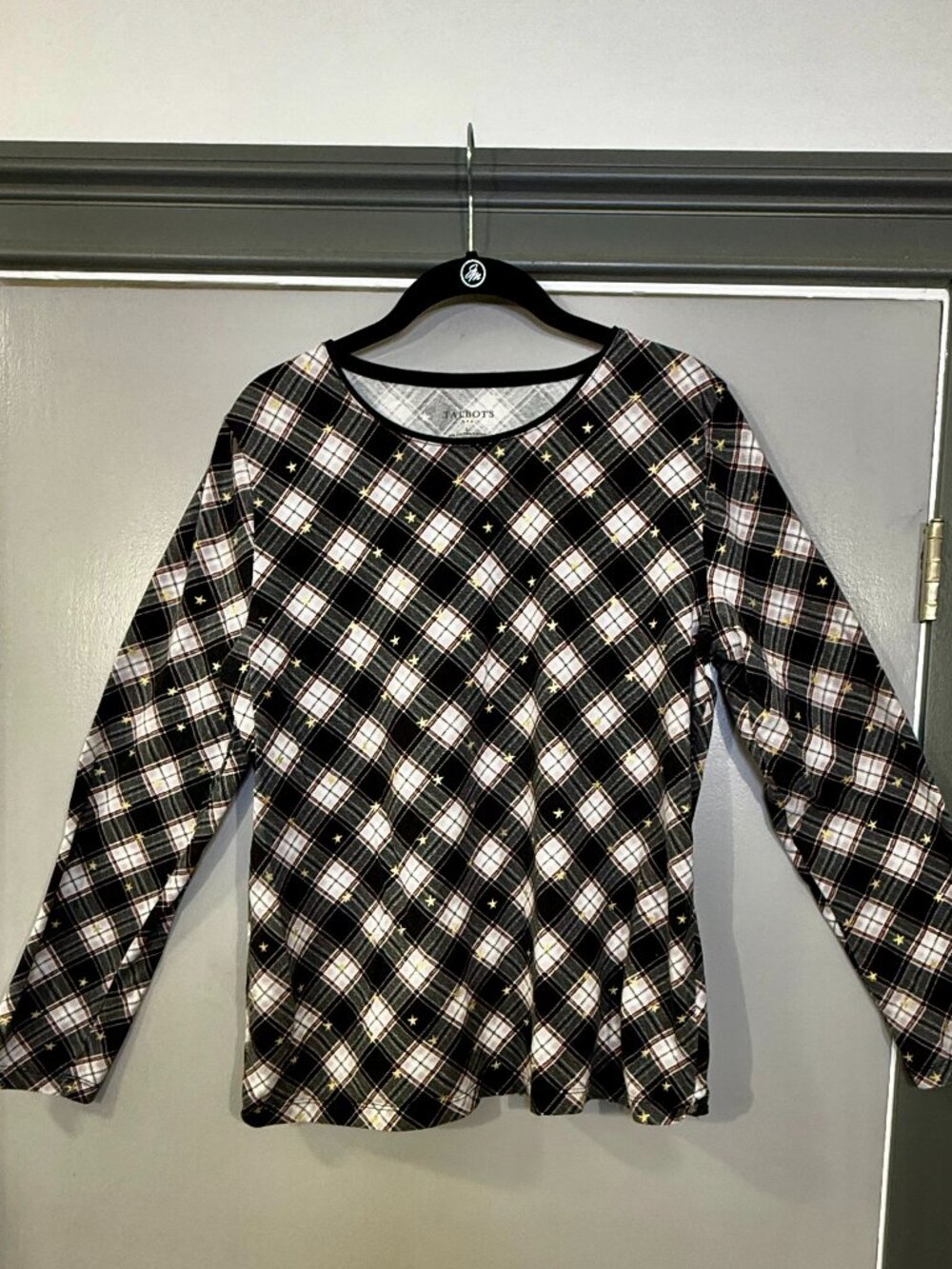 Talbots Plaid Gold Star Long Sleeve Top Women’s L Black White Red